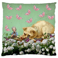 Cat And Butterflies Green Large Flano Cushion Case (two Sides)