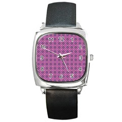 Floral Circles Pink Square Metal Watch by BrightVibesDesign