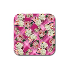 Retro Pets Plaid Pink Rubber Square Coaster (4 Pack) 