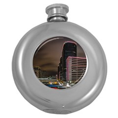 Hong Kong At Night Skyline Round Hip Flask (5 Oz) by Nexatart