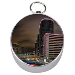 Hong Kong At Night Skyline Silver Compasses