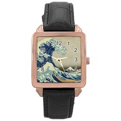 The Classic Japanese Great Wave Off Kanagawa By Hokusai Rose Gold Leather Watch  by PodArtist