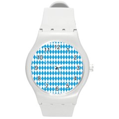 Oktoberfest Bavarian Blue And White Large Diagonal Diamond Pattern Round Plastic Sport Watch (m) by PodArtist