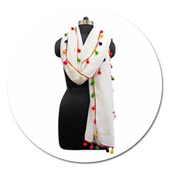 Indiahandycrfats Women Fashion White Dupatta With Multicolour Pompom All Four Sides For Girls/women Magnet 5  (round)