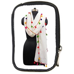 Indiahandycrfats Women Fashion White Dupatta With Multicolour Pompom All Four Sides For Girls/women Compact Camera Leather Case by Indianhandycrafts