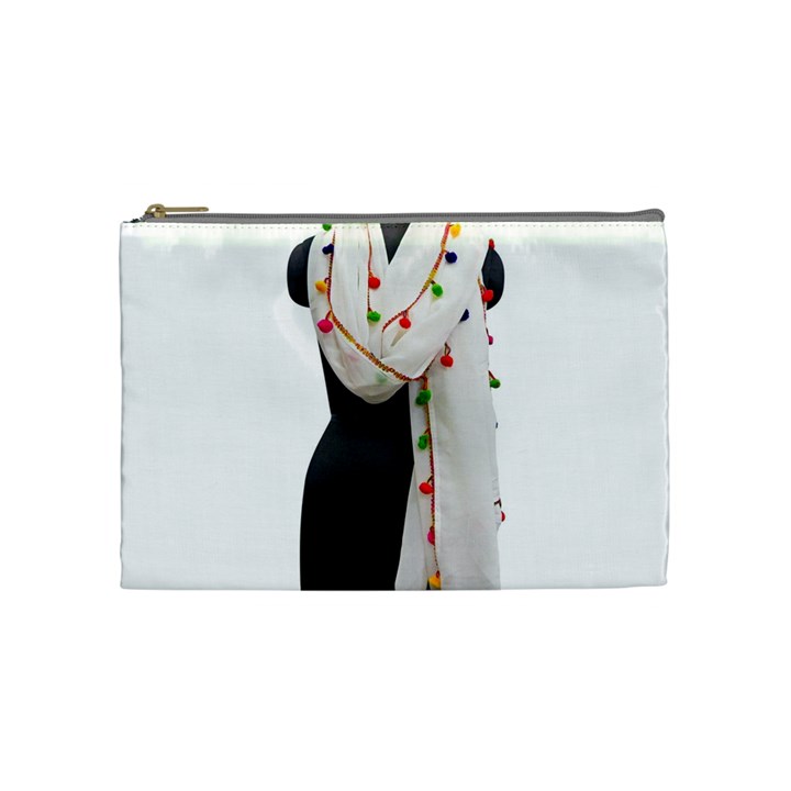 Indiahandycrfats women Fashion White Dupatta with Multicolour Pompom all four sides for Girls/women Cosmetic Bag (Medium)