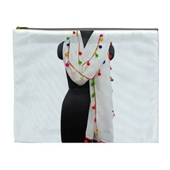 Indiahandycrfats Women Fashion White Dupatta With Multicolour Pompom All Four Sides For Girls/women Cosmetic Bag (xl)