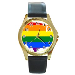 Usa Lgbt Flag Map Round Gold Metal Watch by abbeyz71