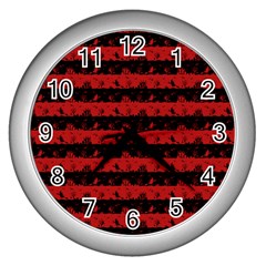 Blood Red And Black Halloween Nightmare Stripes  Wall Clock (silver) by PodArtist