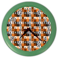 Witches, Monsters And Ghosts Halloween Orange And Black Patchwork Quilt Squares Color Wall Clock by PodArtist