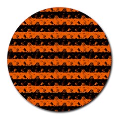 Dark Pumpkin Orange And Black Halloween Nightmare Stripes  Round Mousepads by PodArtist