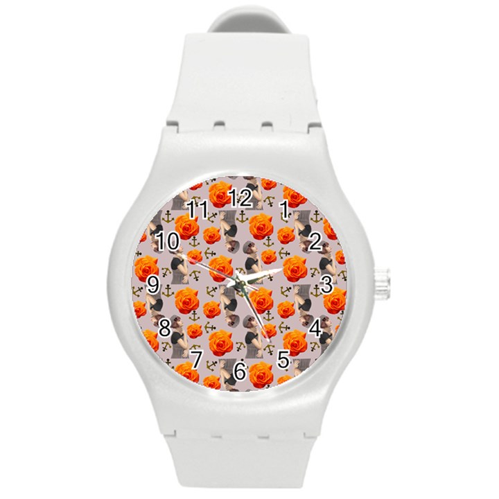 Girl With Roses And Anchors Round Plastic Sport Watch (M)