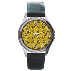 Girl With Popsicle Yellow Floral Round Metal Watch