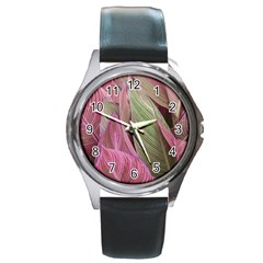 Pink Leaves Round Metal Watch