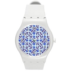 Blue Dot Floral Round Plastic Sport Watch (m)