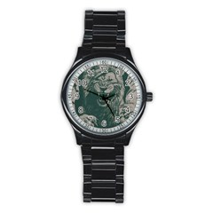 Angry Male Lion Pattern Graphics Kazakh Al Fabric Stainless Steel Round Watch