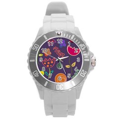 Background Decorative Floral Round Plastic Sport Watch (l)