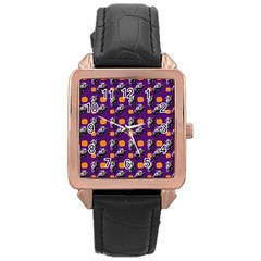 Halloween Skeleton Pumpkin Pattern Purple Rose Gold Leather Watch 