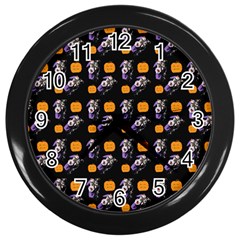 Halloween Skeleton Pumpkin Pattern Black Wall Clock (black) by snowwhitegirl