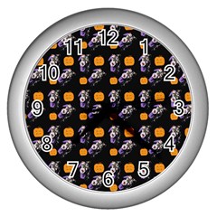 Halloween Skeleton Pumpkin Pattern Black Wall Clock (silver)