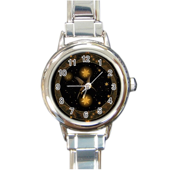 Wonderful Hummingbird With Stars Round Italian Charm Watch