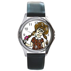 Girl With Popsicle Round Metal Watch