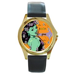 Zombie Retro Girl Round Gold Metal Watch by snowwhitegirl