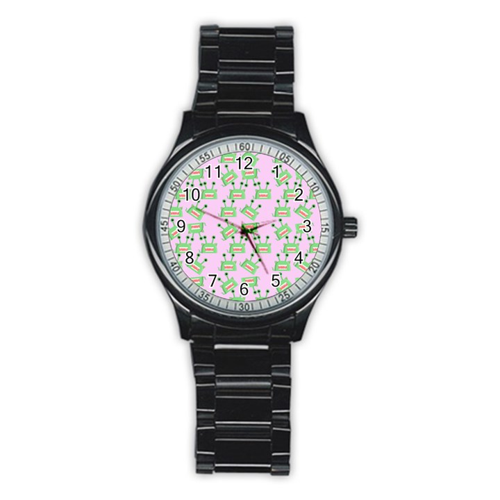 Green Alien Monster Pattern Pink Stainless Steel Round Watch