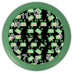 Green Alien Monster Pattern Black Color Wall Clock