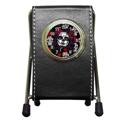 Mexican Skull Lady Pen Holder Desk Clock