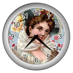 Victorian Lady Blue Floral Wall Clock (silver) by snowwhitegirl