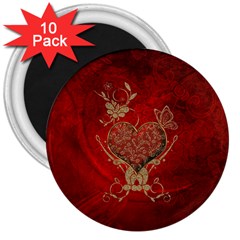 Wonderful Decorative Heart In Gold And Red 3  Magnets (10 Pack)  by FantasyWorld7