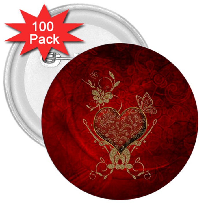 Wonderful Decorative Heart In Gold And Red 3  Buttons (100 pack) 