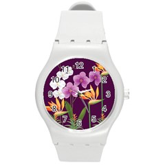 White Blossom Flower Round Plastic Sport Watch (M)