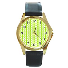 Circle Stripes Lime Green Modern Pattern Design Round Gold Metal Watch by BrightVibesDesign