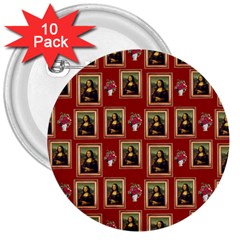 Mona Lisa Frame Pattern Red 3  Buttons (10 Pack) 