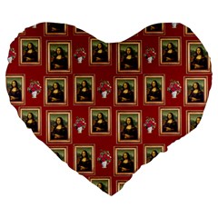 Mona Lisa Frame Pattern Red Large 19  Premium Flano Heart Shape Cushions