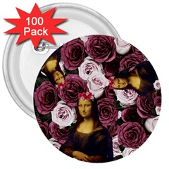 Mona Lisa Floral Black 3  Buttons (100 Pack)  by snowwhitegirl