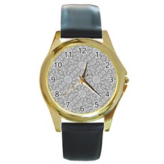 Geometric Grey Print Pattern Round Gold Metal Watch