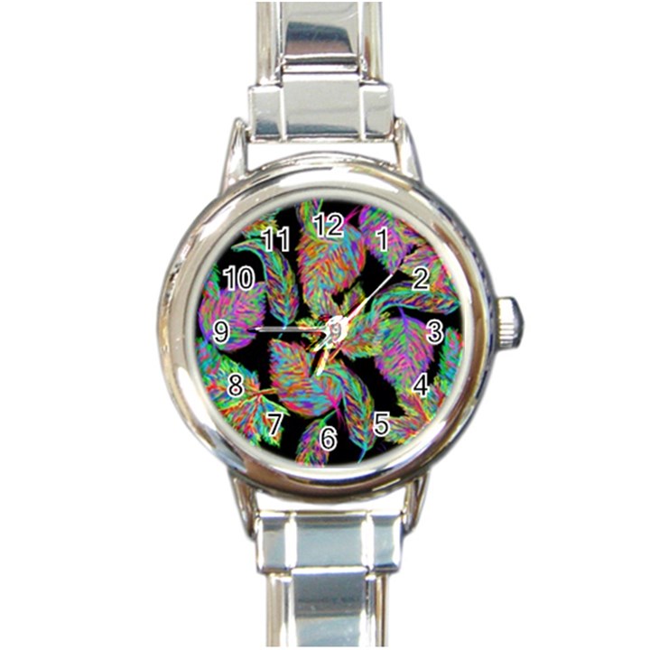 Autumn Pattern Dried Leaves Round Italian Charm Watch