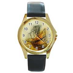 Boat Old Fisherman Mar Ocean Round Gold Metal Watch by Simbadda