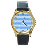 Bold Stripes Bright Blue pattern Round Gold Metal Watch Front