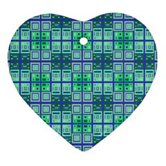 Mod Blue Green Square Pattern Ornament (heart)