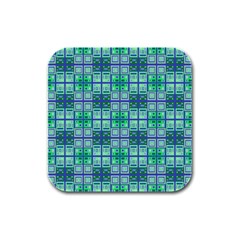 Mod Blue Green Square Pattern Rubber Square Coaster (4 Pack) 