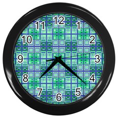 Mod Blue Green Square Pattern Wall Clock (black)