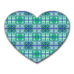 Mod Blue Green Square Pattern Heart Mousepads by BrightVibesDesign