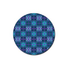 Mod Purple Green Turquoise Square Pattern Rubber Round Coaster (4 Pack) 
