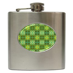 Mod Yellow Green Squares Pattern Hip Flask (6 Oz) by BrightVibesDesign