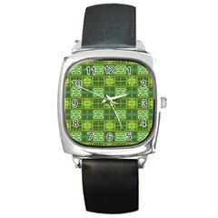 Mod Yellow Green Squares Pattern Square Metal Watch