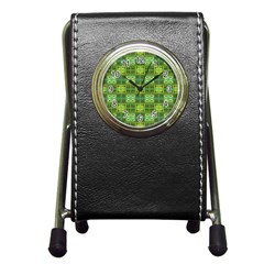 Mod Yellow Green Squares Pattern Pen Holder Desk Clock